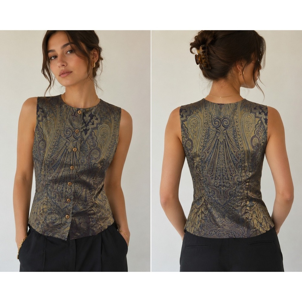 Ilyse Hart Ltd Women Paisley Sleeveless Blouse Top Green Boho Work Wear Layering